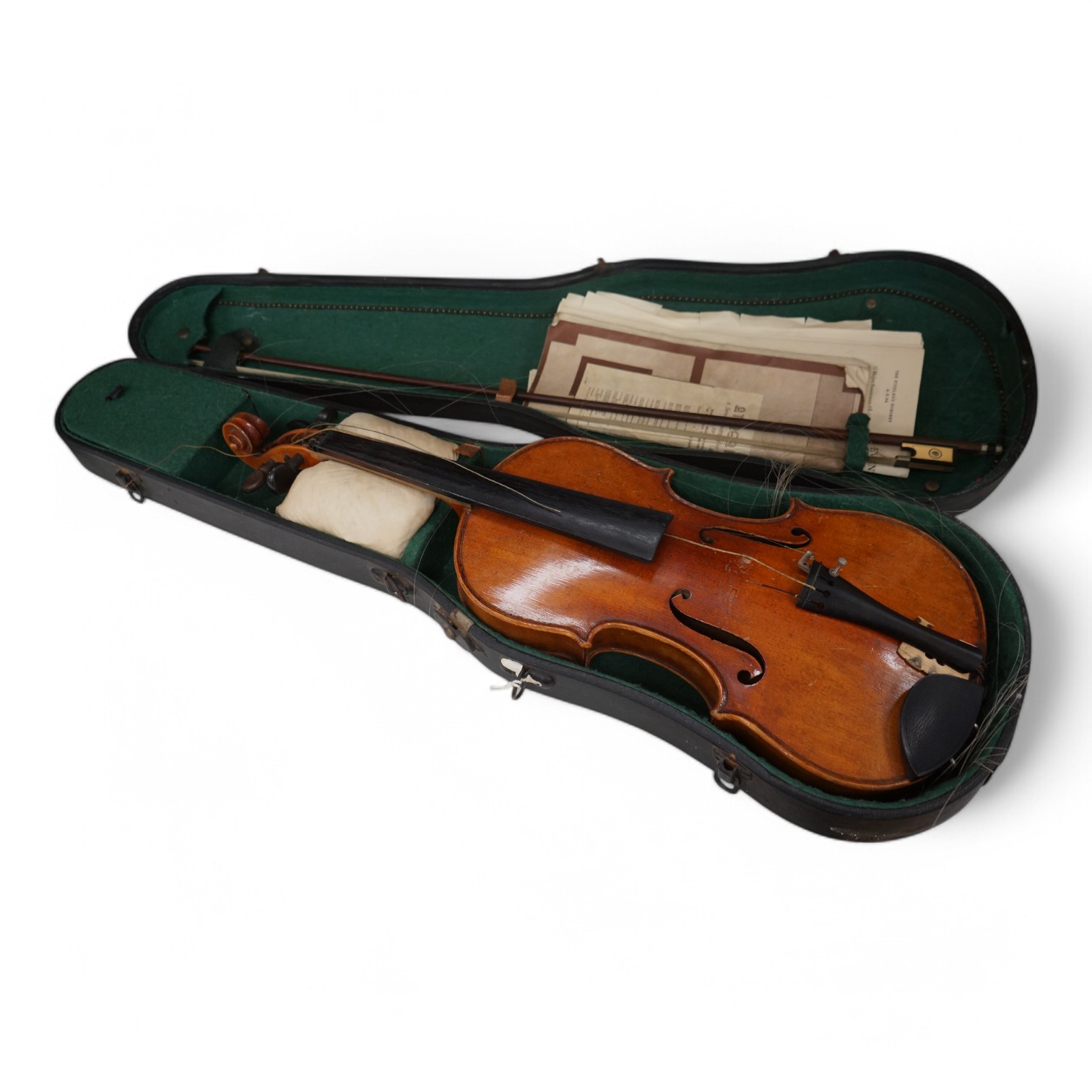 A cased full length violin, circa 1900 with bow, bears Stradivarius label to the interior. CITES Submission reference WVME8714